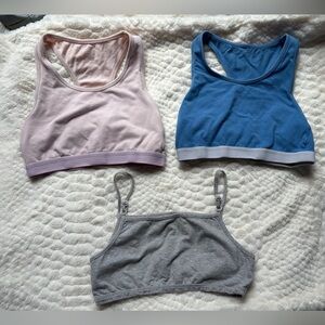 Girls Boden Pink and Blue Sports Bras (13-14yrs) and Grey Cotton Bra (11-12yrs)